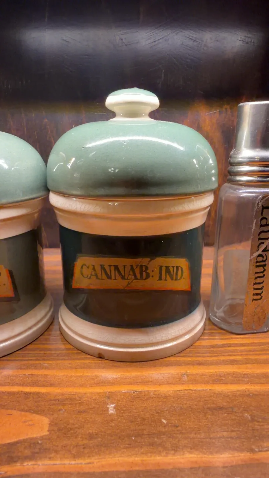 Ceramic Apothecary Jar labeled CANNAB: IND.